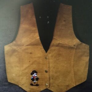 Vintage Suede Embroidered Cartoon Vest - Mustard Brown